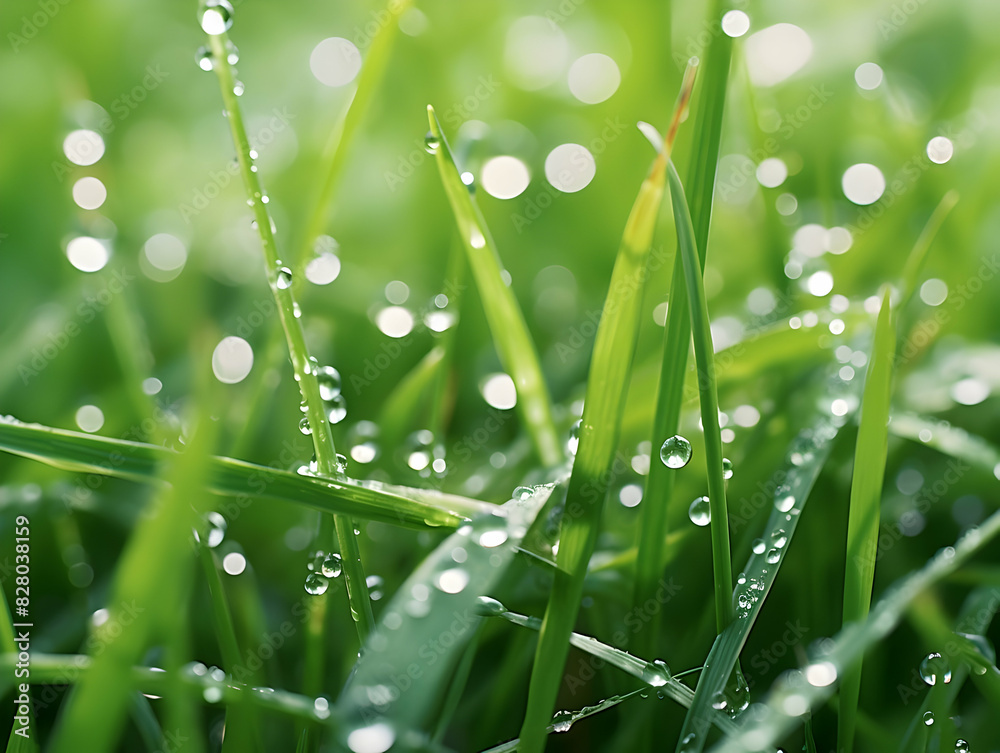 Juicy lush green grass on meadow with drops of water dew in morning light in spring summer outdoors close-up macro, panorama. Beautiful artistic image of purity and freshness of nature, copy space. Juicy lush green grass on meadow with drops of water dew in morning light in spring summer outdoors close-up macro, panorama. Beautiful artistic image of purity and freshness of nature, copy space.