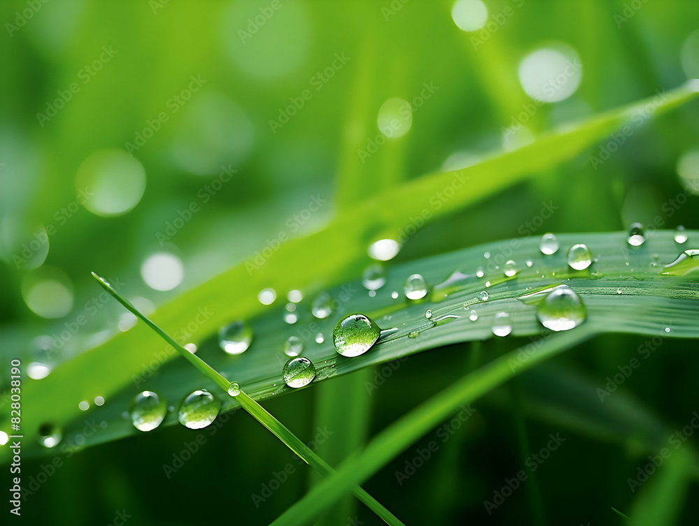 Juicy lush green grass on meadow with drops of water dew in morning light in spring summer outdoors close-up macro, panorama. Beautiful artistic image of purity and freshness of nature, copy space. Juicy lush green grass on meadow with drops of water dew in morning light in spring summer outdoors close-up macro, panorama. Beautiful artistic image of purity and freshness of nature, copy space.