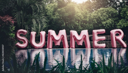 Summer season background with swimming pool water with summer word written with pink inflata