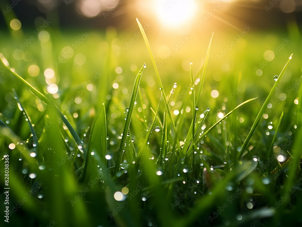 Fototapeta premium Juicy lush green grass on meadow with drops of water dew in morning light in spring summer outdoors close-up macro, panorama. Beautiful artistic image of purity and freshness of nature, copy space.
