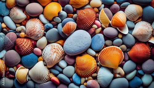 Trendy colorful small sea stone pebble background. Multicolored abstract beach nature patter.