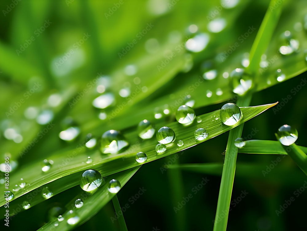 Juicy lush green grass on meadow with drops of water dew in morning light in spring summer outdoors close-up macro, panorama. Beautiful artistic image of purity and freshness of nature, copy space. Juicy lush green grass on meadow with drops of water dew in morning light in spring summer outdoors close-up macro, panorama. Beautiful artistic image of purity and freshness of nature, copy space.