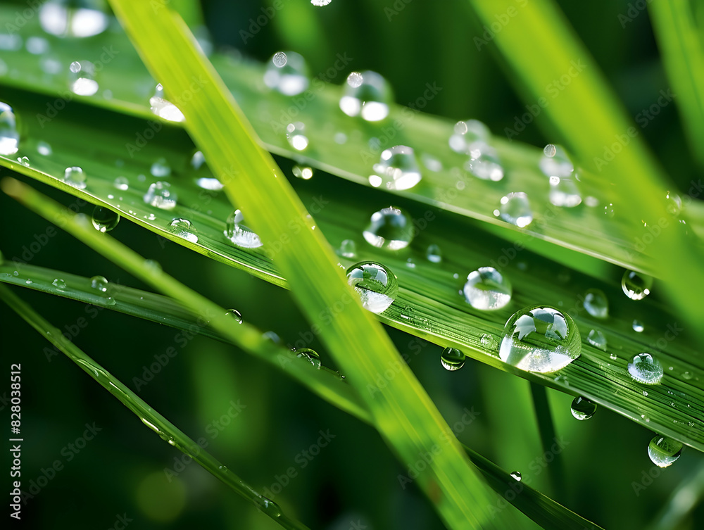 Juicy lush green grass on meadow with drops of water dew in morning light in spring summer outdoors close-up macro, panorama. Beautiful artistic image of purity and freshness of nature, copy space. Juicy lush green grass on meadow with drops of water dew in morning light in spring summer outdoors close-up macro, panorama. Beautiful artistic image of purity and freshness of nature, copy space.