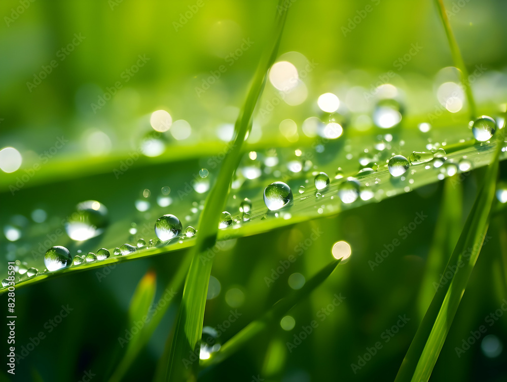 Juicy lush green grass on meadow with drops of water dew in morning light in spring summer outdoors close-up macro, panorama. Beautiful artistic image of purity and freshness of nature, copy space. Juicy lush green grass on meadow with drops of water dew in morning light in spring summer outdoors close-up macro, panorama. Beautiful artistic image of purity and freshness of nature, copy space.