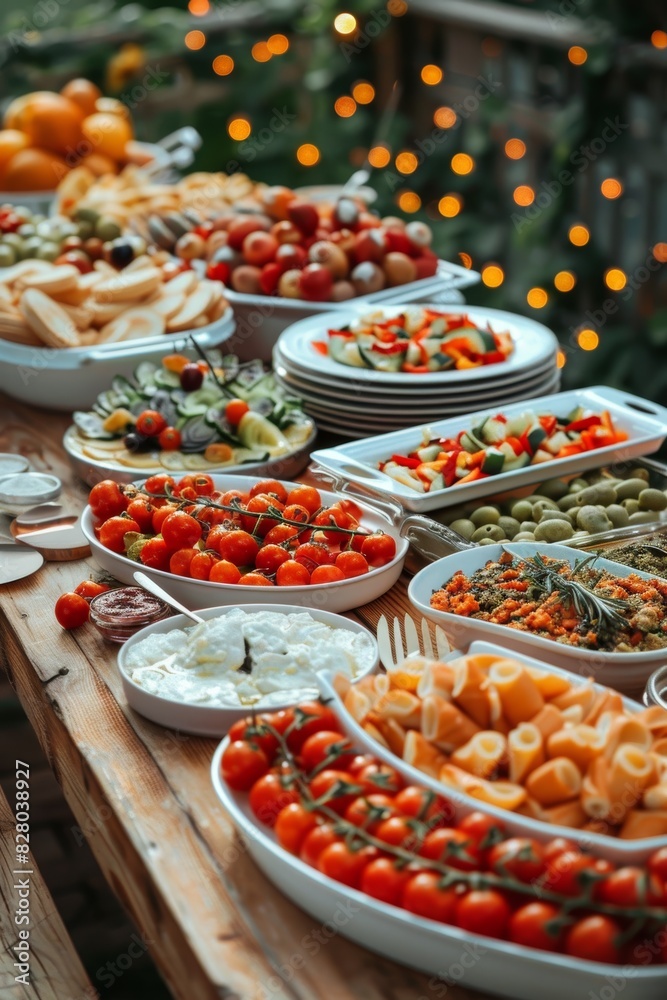 Fototapeta premium An abundant and colorful Mediterranean spread of various fresh fruits, vegetables, cheeses, olives, and appetizers arranged on a rustic wooden table