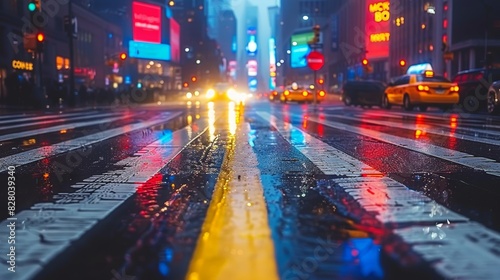 A vibrant city street illuminated by colorful lights reflecting on wet pavement, capturing the hustle and bustle of evening traffic and urban atmosphere photo