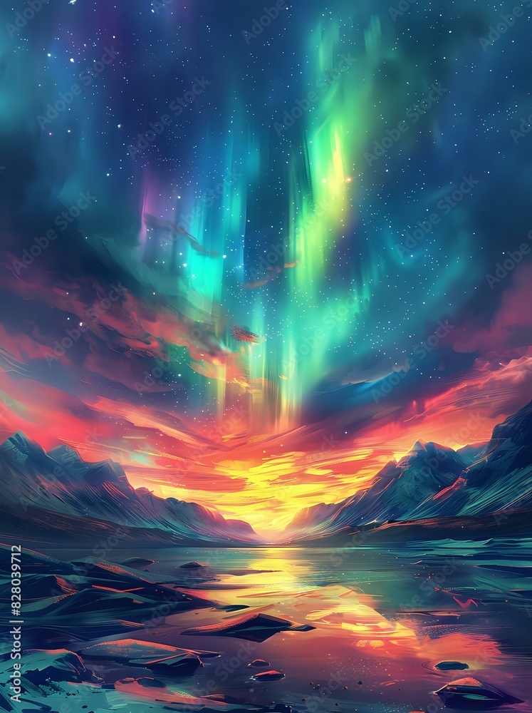 Stunning digital illustration of a vibrant aurora borealis over a serene mountain landscape at sunset, reflecting on a calm lake. Perfect for creative projects, nature themes, and artistic designs.