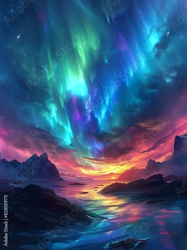 Stunning digital illustration of a vibrant aurora borealis over a serene mountain landscape at sunset  reflecting on a calm lake. Perfect for creative projects  nature themes  and artistic designs.