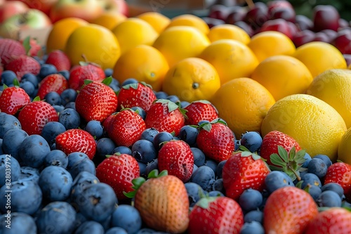 Colorful assortment of fresh fruits including strawberries  blueberries  and oranges  showcasing healthy eating and natural produce. Ideal for food-related content  health articles  and nutritional de