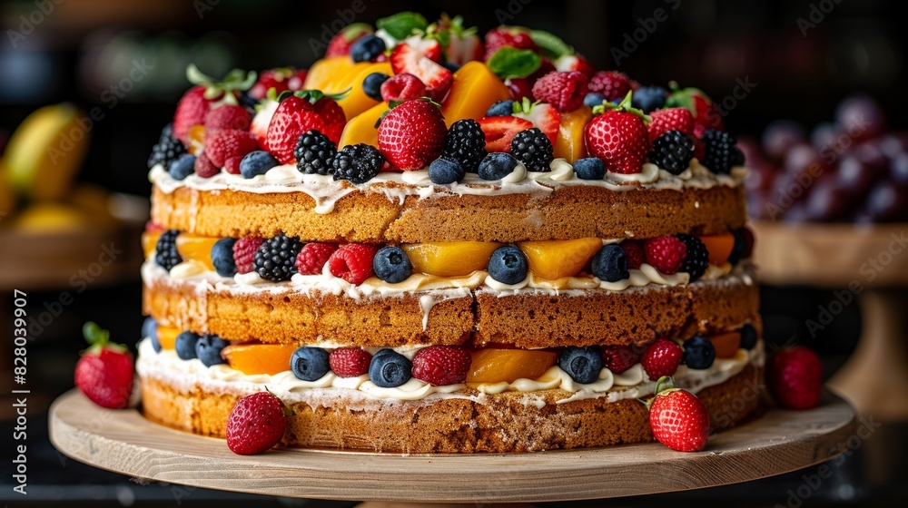 Fototapeta premium Exquisitely layered sponge cake adorned with a colorful assortment of fresh fruits including strawberries, blueberries, and peach slices on a wooden cake stand