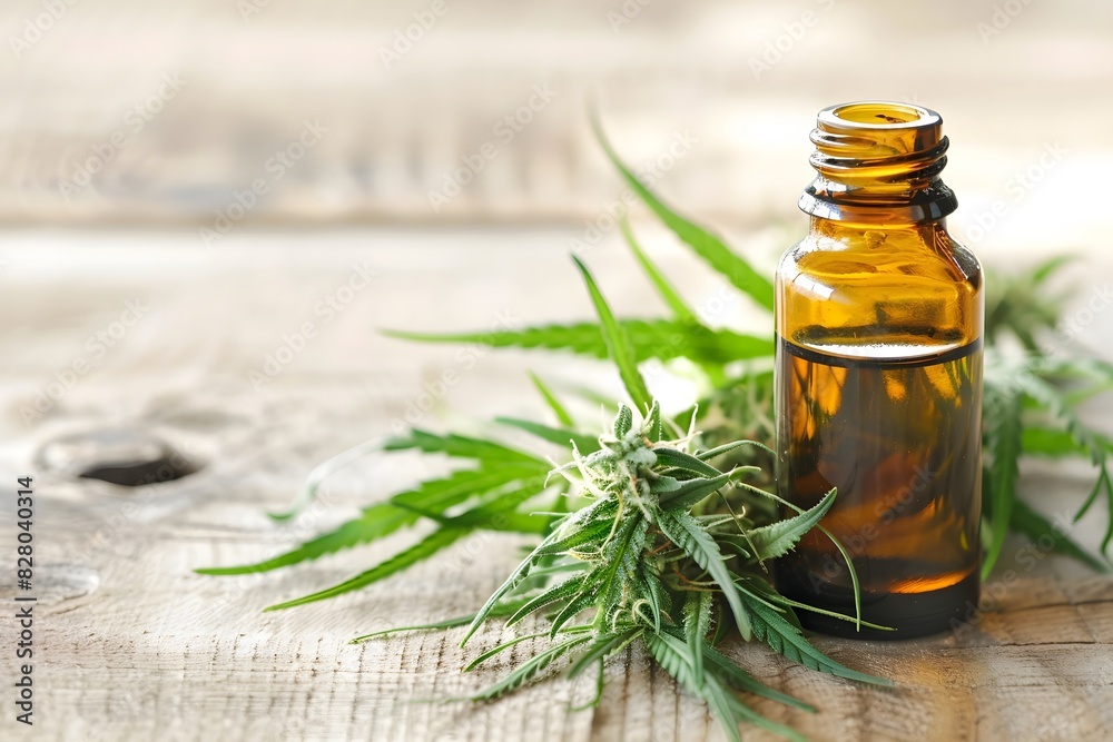 Cannabis herb and leaves with oil extracts in jars. medical concept Cannabis herb and leaves with oil extracts in jars. medical concept