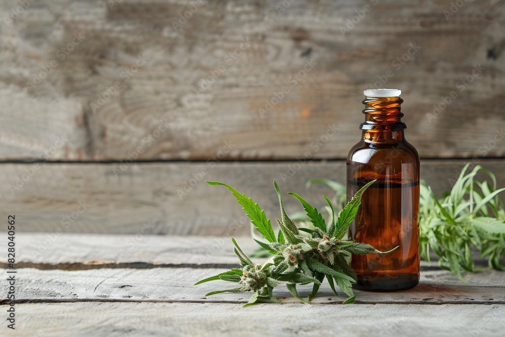 Cannabis herb and leaves with oil extracts in jars. medical concept Cannabis herb and leaves with oil extracts in jars. medical concept