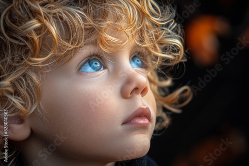 A captivating close-up portrait of a young child with curly blonde hair and striking blue eyes gazing upwards, set against a blurred, dark backdrop