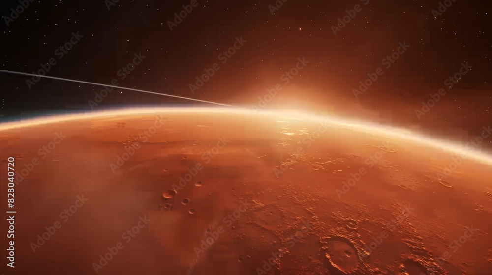 Obraz premium A cinematic shot of the planet Mars from space, the atmosphere is red and orange with black edges, a thin white ring around it can be seen in the distance. The solar syste