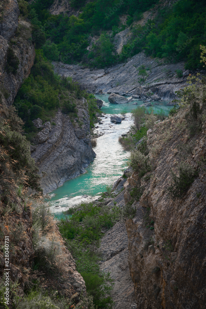 mountainous ravine view towards the river, Via Ferrata Olvena, Aragon Spain. mountainous ravine view towards the river, Via Ferrata Olvena, Aragon Spain.