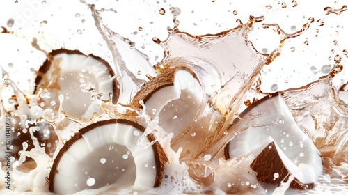 Photorealistic coconut slices and juice splash isolated