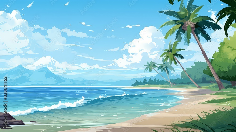 Obraz premium Vibrant chibistyle coastal art in digital painting, with vivid colors and stylized cartoony drawing.