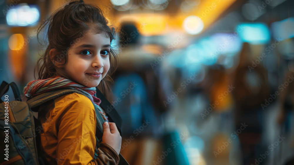 A cheerful young girl wearing a backpack smiles over her shoulder in a colorful, busy airport setting.