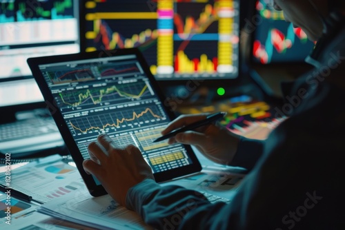 Close up of professional business man reading financial report by using tablet while making decision for investment. Skilled investor planning marketing strategy while checking at data analyze. AIG42.