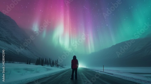 A person stands in highway snow field with beautiful aurora northern lights in night sky in winter. © Joyce