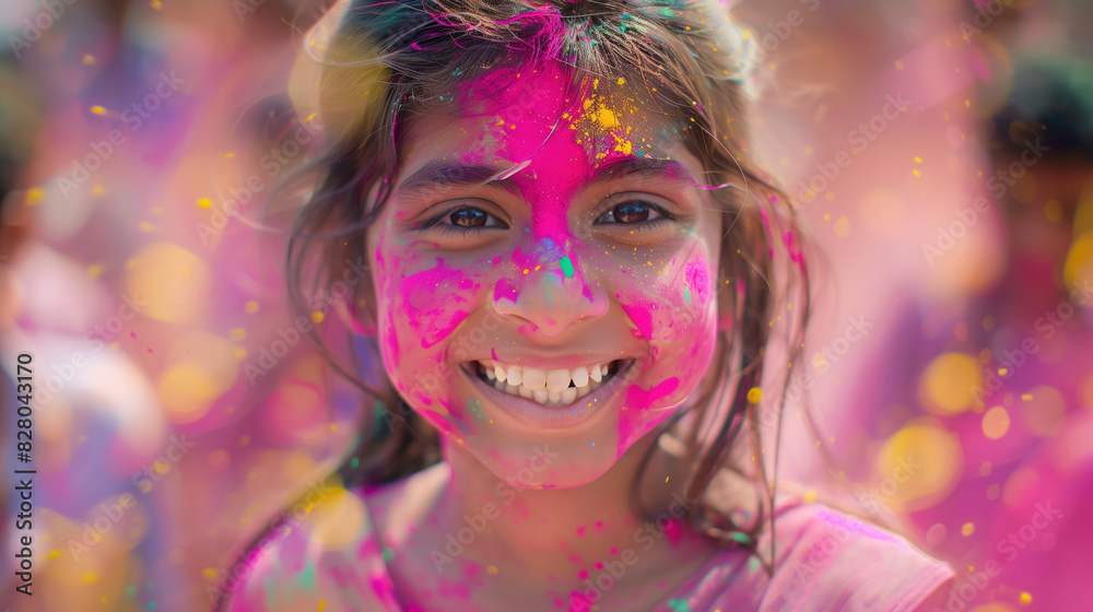 Obraz premium Celebration of Holi festival day colorful illustration of a child covered in paint illustration