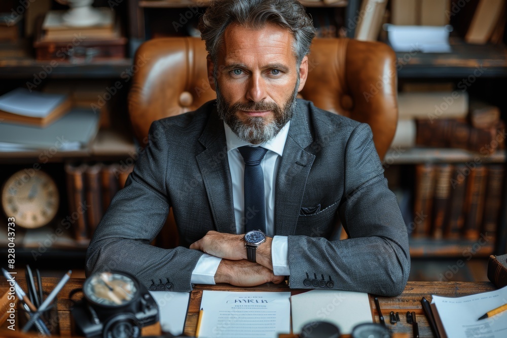 A sophisticated and professionally dressed man sitting behind a desk in a well-organized office filled with books and documents, exuding leadership and confidence