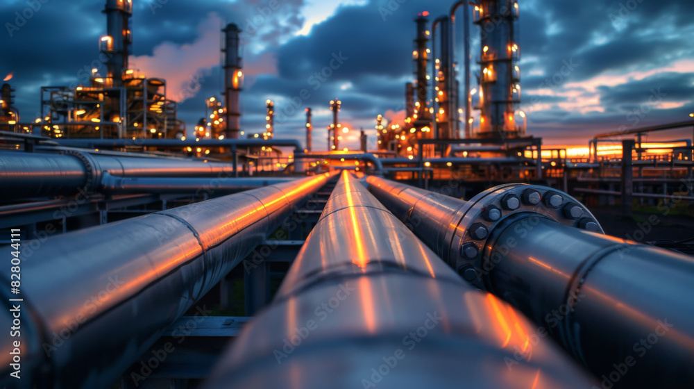 Twilight falls over an industrial plant with glowing pipelines, showcasing the intricate network of an energy facility. Twilight falls over an industrial plant with glowing pipelines, showcasing the intricate network of an energy facility.