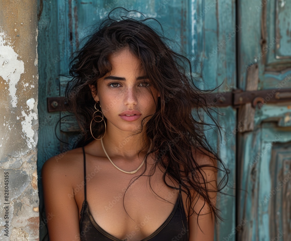 A young woman with long, wavy hair standing against a weathered blue door, wearing a thin-strapped black top and large hoop earrings, gazes directly at the camera A young woman with long, wavy hair standing against a weathered blue door, wearing a thin-strapped black top and large hoop earrings, gazes directly at the camera