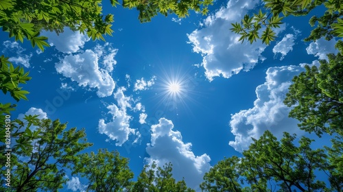 A vibrant and colorful image capturing the bright sun in a clear blue sky with surrounding green tree foliage and white fluffy clouds on a beautiful day