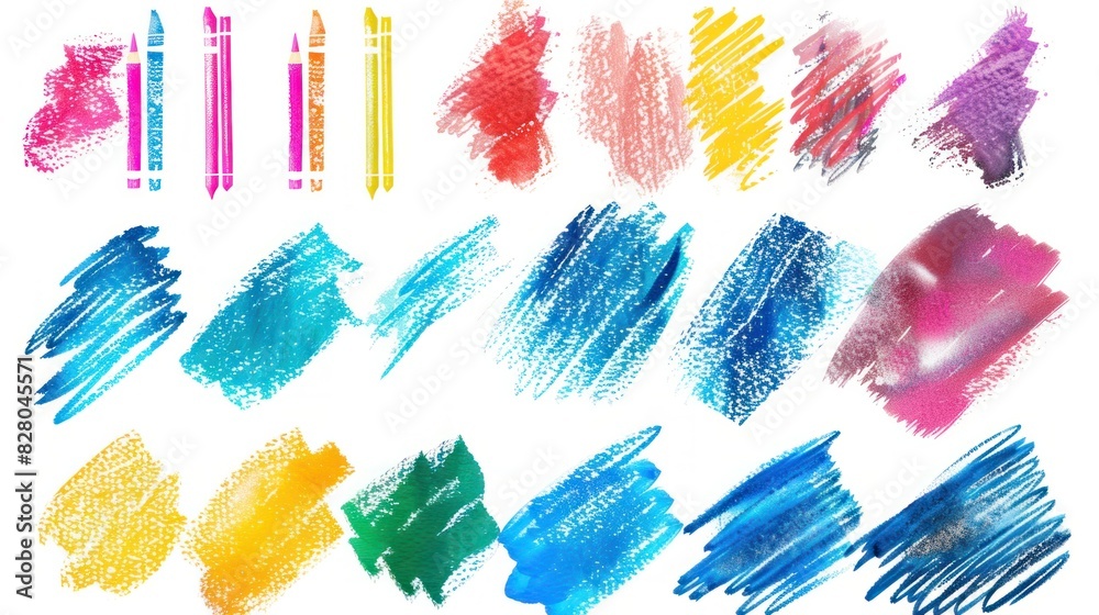 Hand drawing of colorful calligraphy and cross-hatching pattern using wax pastels and crayons isolated on white background.