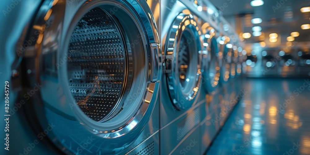 A row of industrial washing machines in a modern, brightly lit laundromat facility, showcasing clean, stainless steel surfaces and digital interfaces A row of industrial washing machines in a modern, brightly lit laundromat facility, showcasing clean, stainless steel surfaces and digital interfaces