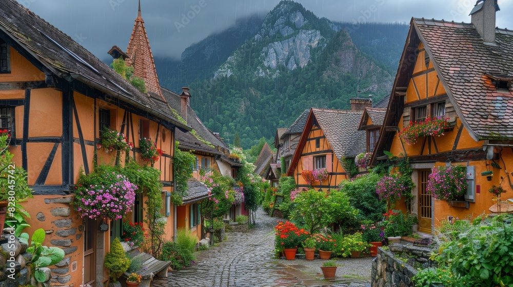 A picturesque and charming village street featuring colorful half-timbered houses adorned with vibrant flowers, set against a lush mountainous backdrop A picturesque and charming village street featuring colorful half-timbered houses adorned with vibrant flowers, set against a lush mountainous backdrop