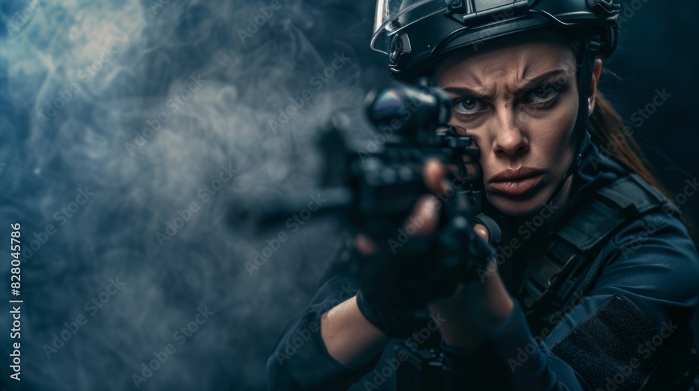 Portrait of a female police officer holding a gun Portrait of a female police officer holding a gun