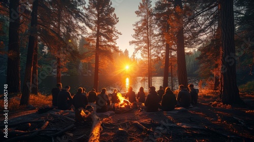 A group of people gathered around a campfire at the edge of a serene lake during sunset, surrounded by tall trees in a peaceful forest setting