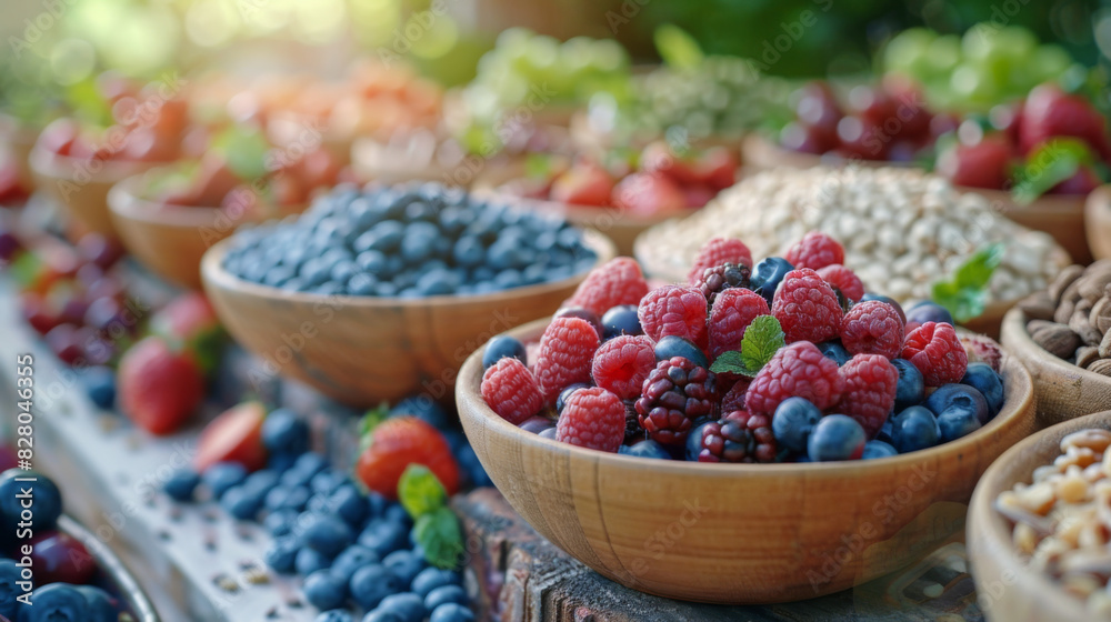 Wooden bowls filled with an assortment of fresh berries and nuts, beautifully arranged on a rustic table. Wooden bowls filled with an assortment of fresh berries and nuts, beautifully arranged on a rustic table.