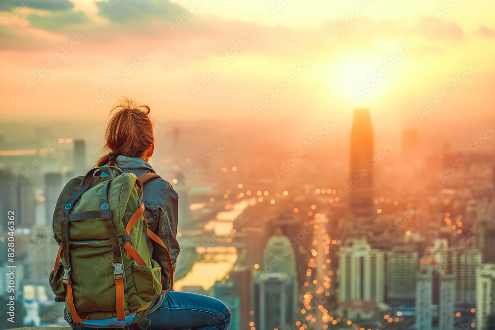 Young backpacker admiring panoramic cityscape from rooftop at sunset, feeling on top of the world. Young backpacker admiring panoramic cityscape from rooftop at sunset, feeling on top of the world.