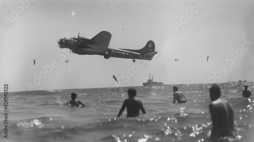 Flying Fortress over swimmers in sea during Bournemouth photo
