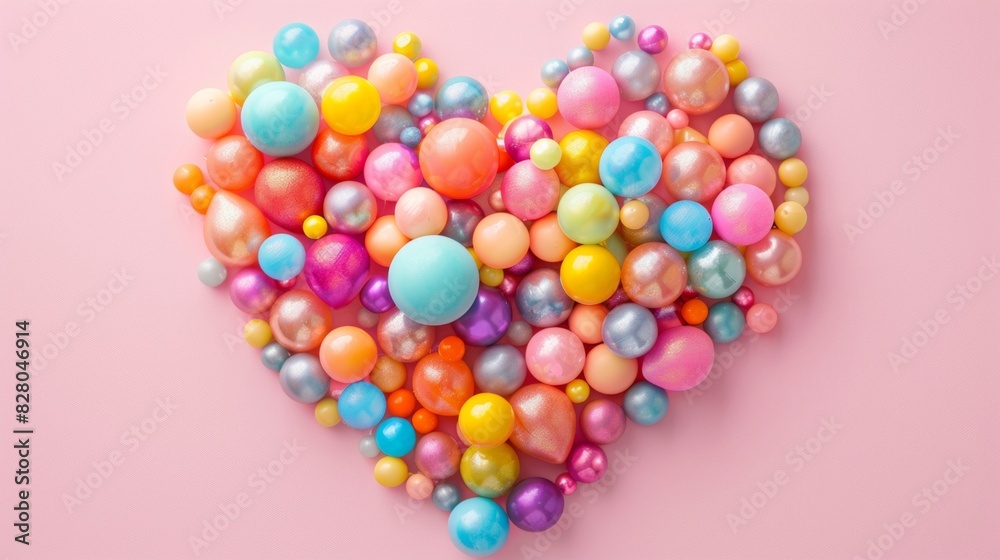 Heart shape made of colorful balls over pink background