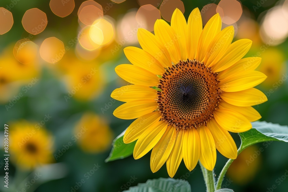 Fototapeta premium A captivating close-up of a vibrant sunflower in full bloom against a blurred background of similarly radiant sunflowers and warm bokeh light effects