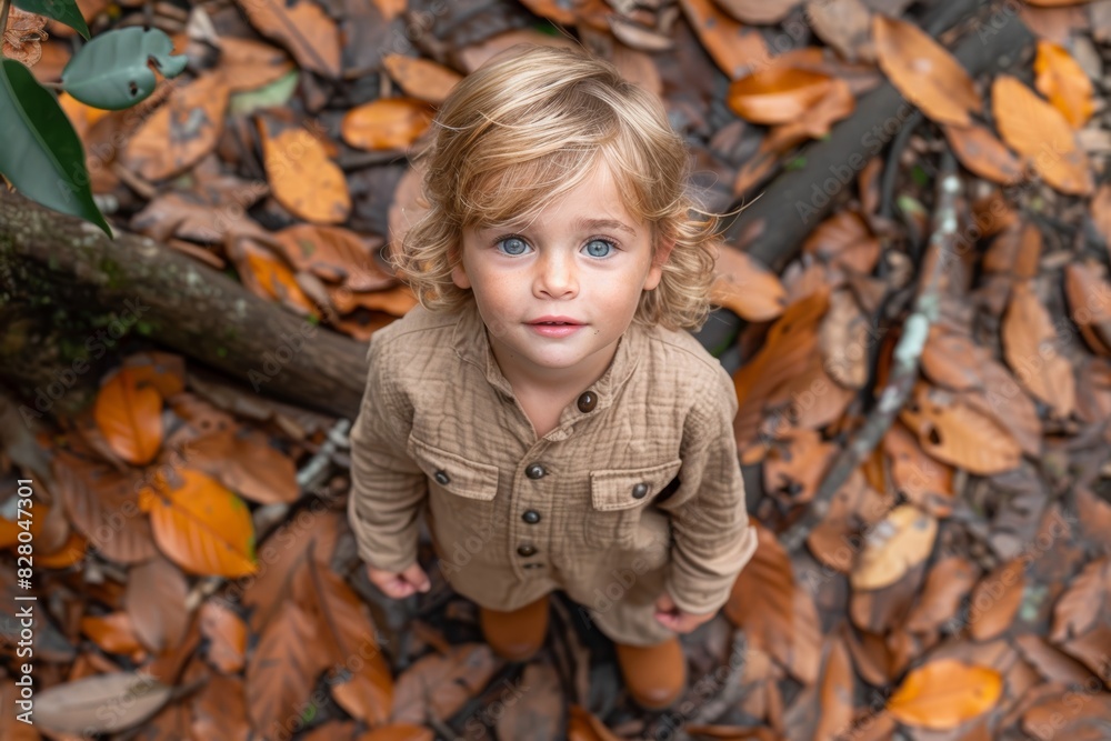 Child with blond hair in a brown outfit standing on a forest floor covered in autumn leaves and looking up at the camera