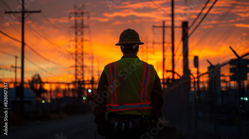 A construction worker observes a sprawling industrial complex during a vibrant sunset, highlighting safety and vigilance.
