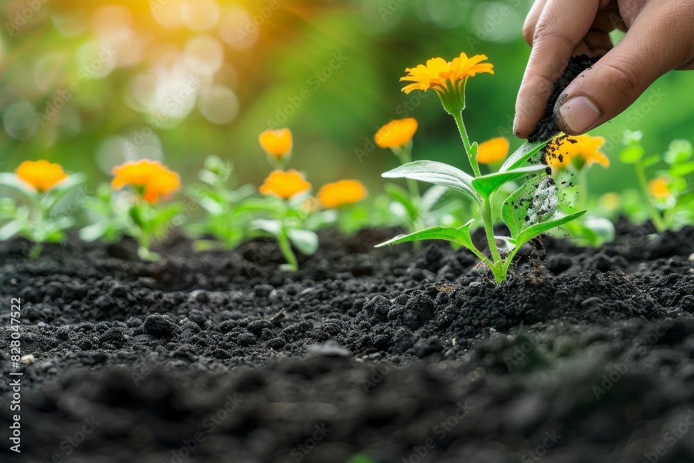 Planting yellow flowers in a garden, hands working in soil, close up of gardening process, emphasizing care and vibrant plant life, outdoor natural setting