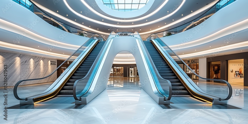 Fototapeta premium Architecturally striking interior of a modern shopping mall featuring sleek, curved escalators and bright, luminous lighting design