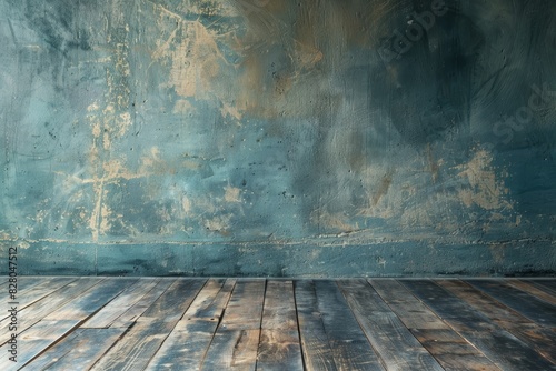 A beautifully textured and rustic blue wall meets weathered wooden flooring, creating a moody and artistic backdrop for any setting photo