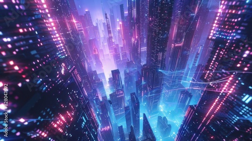 A futuristic cityscape with towering skyscrs composed of endless streams of binary code. photo