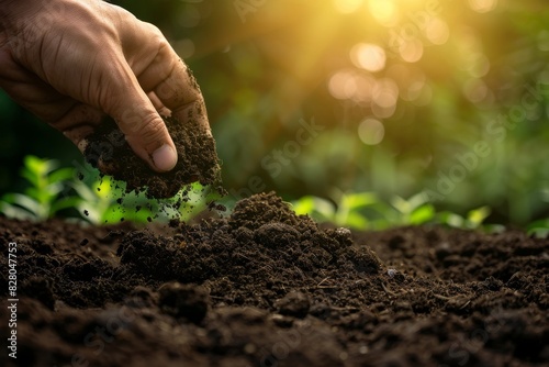 Hand adding soil to a garden bed, close up of gardening process, focusing on nurturing plant growth and soil health, natural setting with sunlight and earthy tones photo