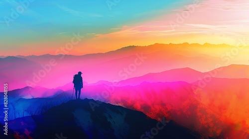 Silhouette of a person standing on a mountain peak at sunset with vibrant  colorful sky and breathtaking landscape in the background.