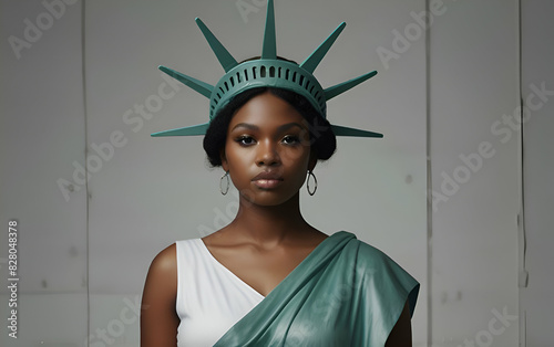 Young black woman in statue of liberty costume. Girl celebrating independence day. Fourth of July.   Juneteenth, freedom day