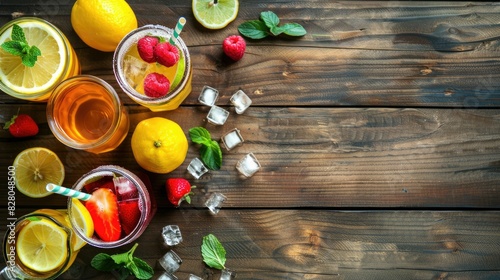 There is a variety of drinks, including natural fruitbased beverages, on the table made with ingredients such as plum tomatoes, cherry tomatoes, and bush tomatoes AIG50 photo