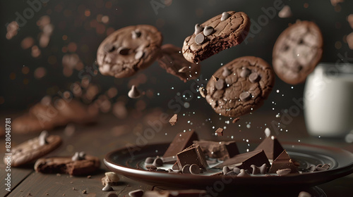 galletas con chispas de chocolate cayendo sobre un plato con trozos de chocolate en pedazos  photo